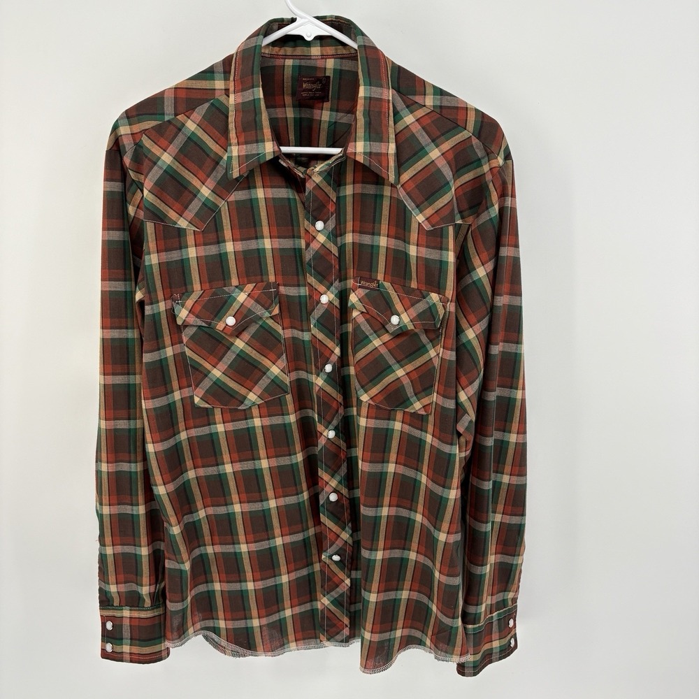 Vintage 70s Wrangler Pearl Snap Western Shirt Men L Brown Plaid Cowboy Rodeo USA